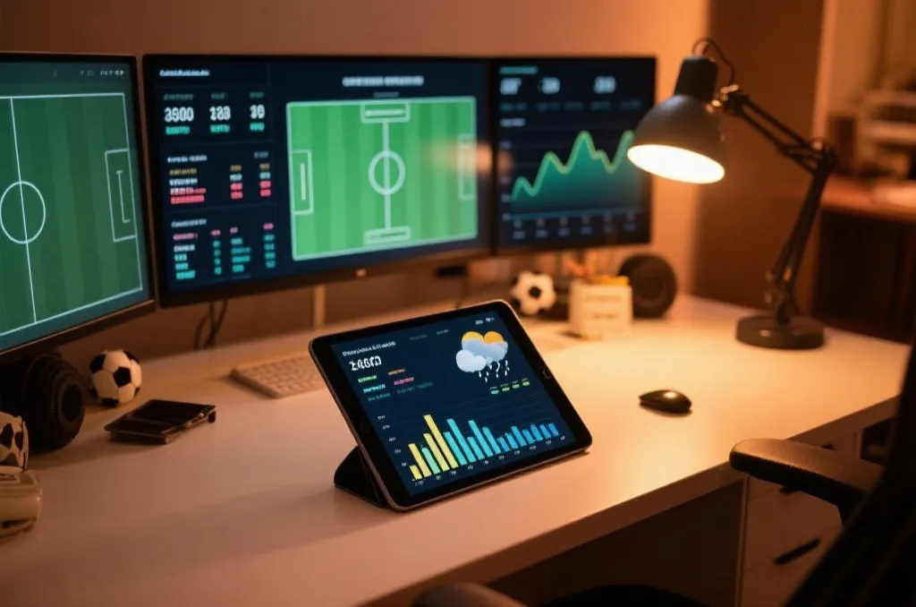 A sports data analyst desk with charts and stadium information on a screen